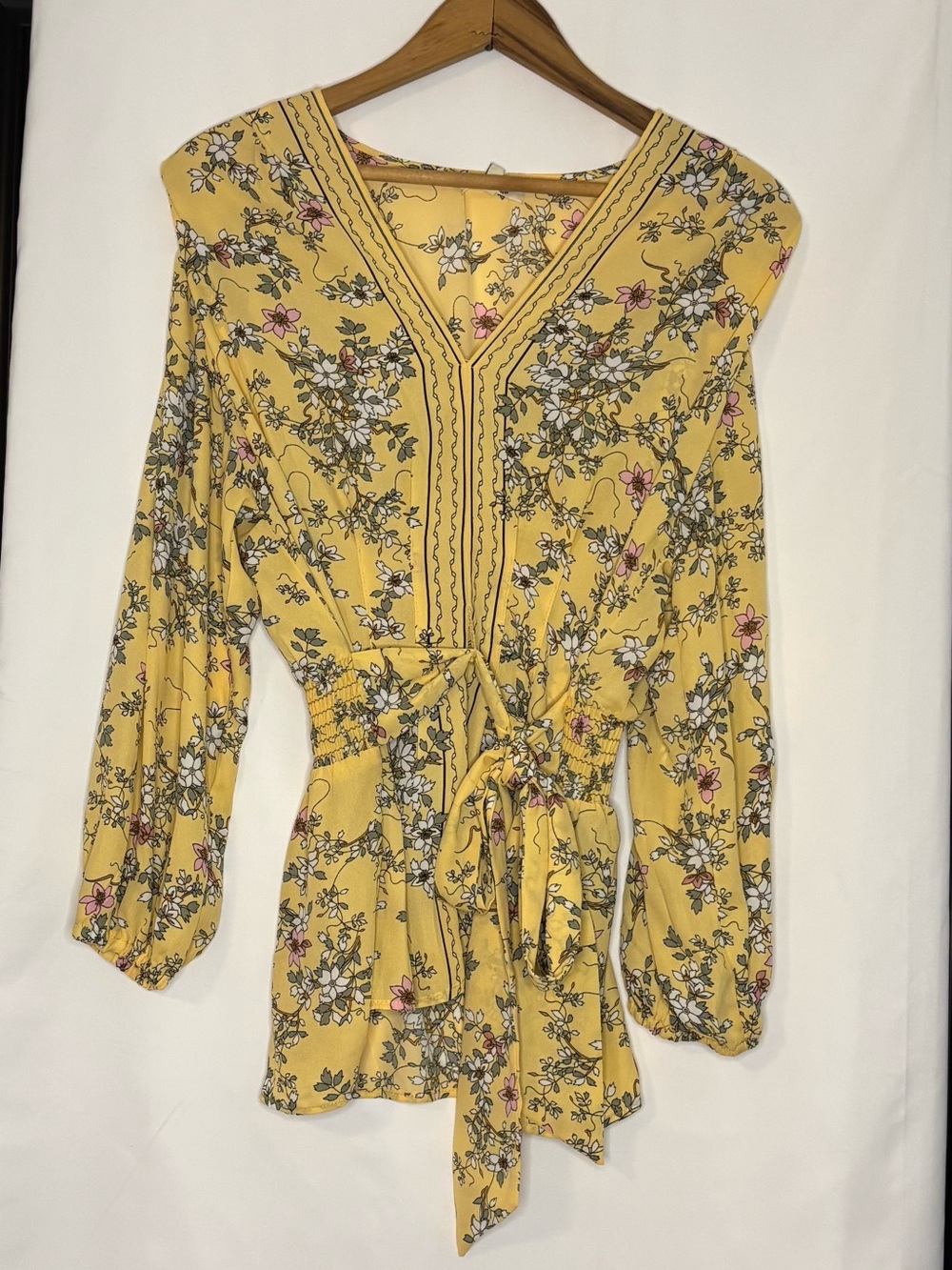 Max Studio Yellow Floral V-Neck Tie-Front Blouse